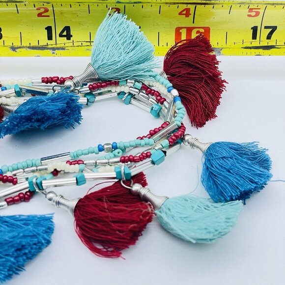 C1946 Multicolor Tassel Necklace Multistrand Silver Tone Blue Red Teal Ethnic - Picture 3 of 9